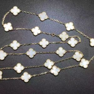 Van Cleef 18k Yellow Gold Vintage Alhambra White Coral 20 Motif Long Necklace