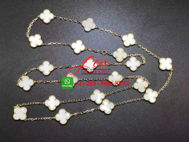 Van Cleef 18k Yellow Gold Vintage Alhambra White Coral 20 Motif Long Necklace Van Cleef 18k Yellow Gold Vintage Alhambra White Coral 20 Motif Long Necklace