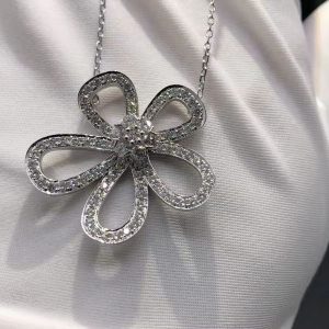 Van Cleef & Arpels 18K White Gold 2.37ct Diamond Flowerlace Pendant Necklace