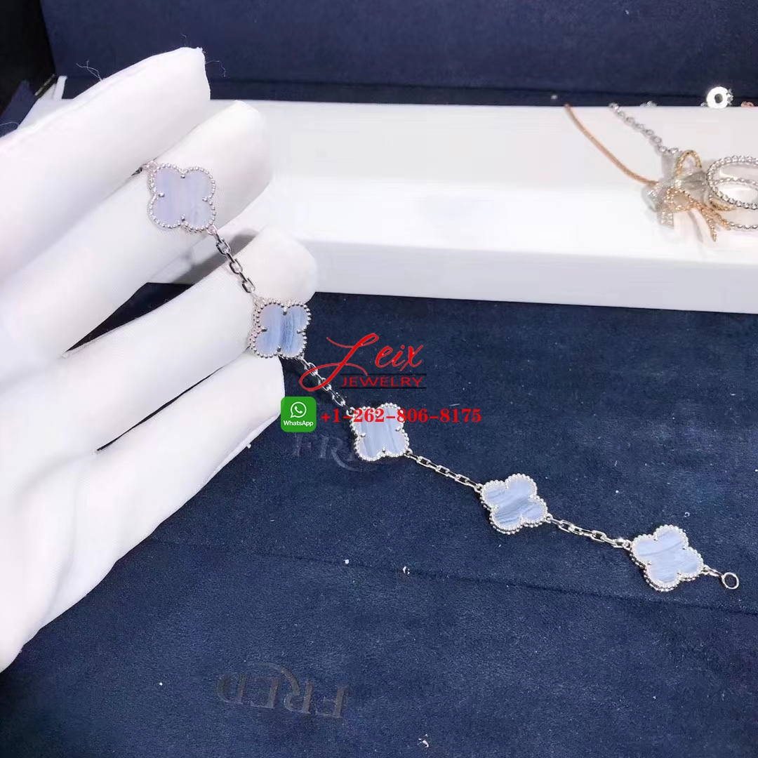 Van Cleef & Arpels 18k White Gold and Chalcedony Vintage Alhambra 5 Motif Bracelet (2) Van Cleef & Arpels 18k White Gold and Chalcedony Vintage Alhambra 5 Motif Bracelet