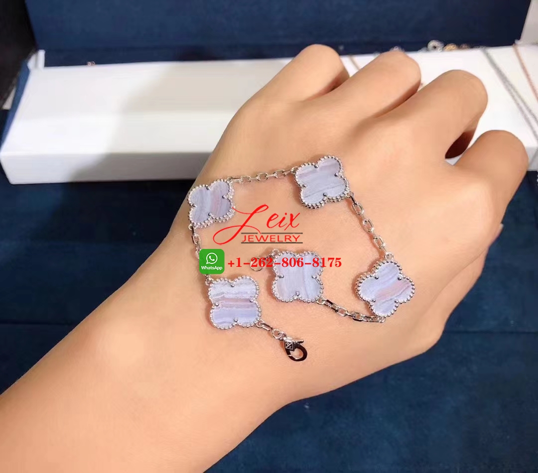 Van Cleef & Arpels 18k White Gold and Chalcedony Vintage Alhambra 5 Motif Bracelet (3) Van Cleef & Arpels 18k White Gold and Chalcedony Vintage Alhambra 5 Motif Bracelet