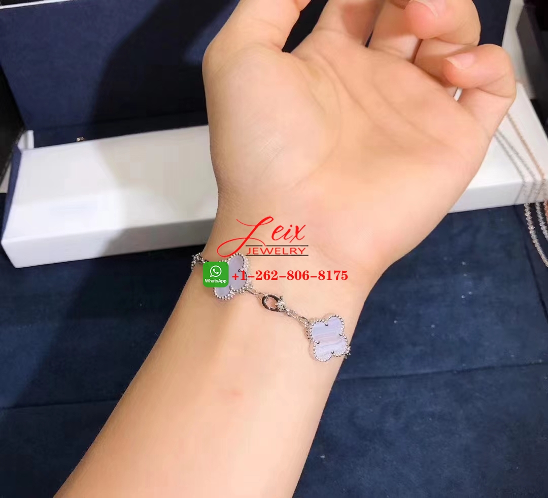 Van Cleef & Arpels 18k White Gold and Chalcedony Vintage Alhambra 5 Motif Bracelet (4) Van Cleef & Arpels 18k White Gold and Chalcedony Vintage Alhambra 5 Motif Bracelet