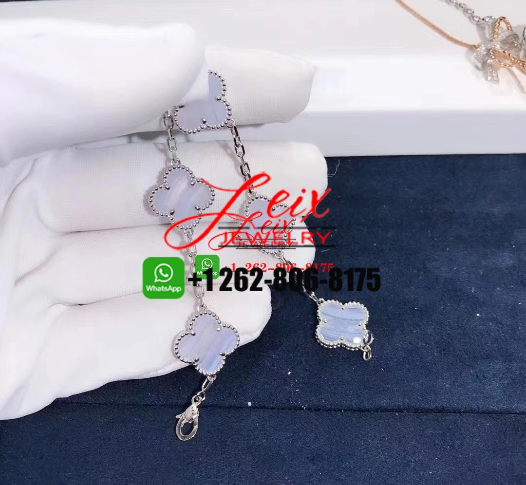 Van Cleef & Arpels 18k White Gold and Chalcedony Vintage Alhambra 5 Motif Bracelet Van Cleef & Arpels 18k White Gold and Chalcedony Vintage Alhambra 5 Motif Bracelet