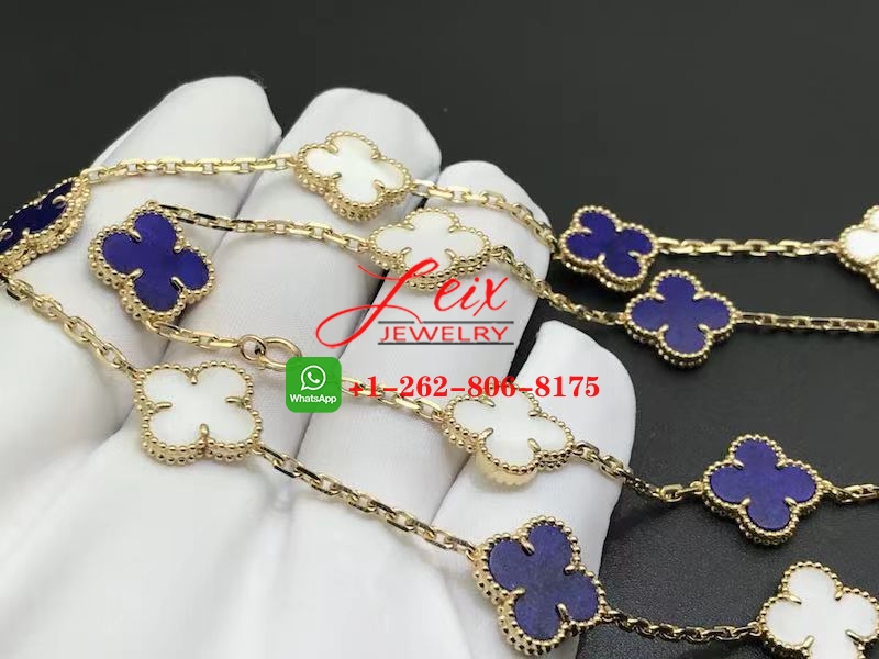 Van Cleef & Arpels 18k Yellow Gold Lapis Lazuli and White Coral 20 Motif Vintage Alhambra Long Necklace Van Cleef & Arpels 18k Yellow Gold Lapis Lazuli and White Coral 20 Motif Vintage Alhambra Long Necklace