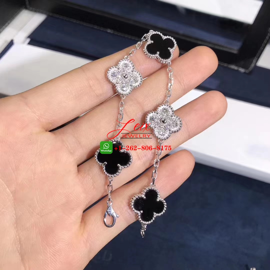 Van Cleef & Arpels Vintage Alhambra 18k White Gold Onyx Diamond 5 Motifs Bracelet (1) Van Cleef & Arpels Vintage Alhambra 18k White Gold Onyx Diamond 5 Motifs Bracelet (4)