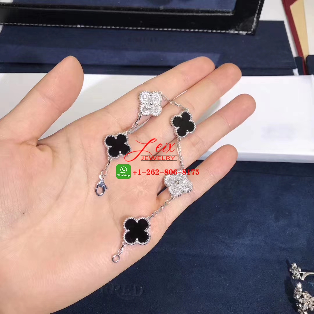 Van Cleef & Arpels Vintage Alhambra 18k White Gold Onyx Diamond 5 Motifs Bracelet (3) Van Cleef & Arpels Vintage Alhambra 18k White Gold Onyx Diamond 5 Motifs Bracelet (4)