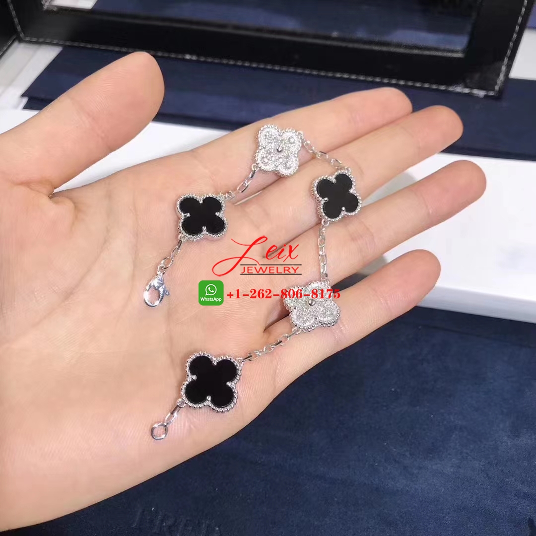 Van Cleef & Arpels Vintage Alhambra 18k White Gold Onyx Diamond 5 Motifs Bracelet (4) Van Cleef & Arpels Vintage Alhambra 18k White Gold Onyx Diamond 5 Motifs Bracelet (4)
