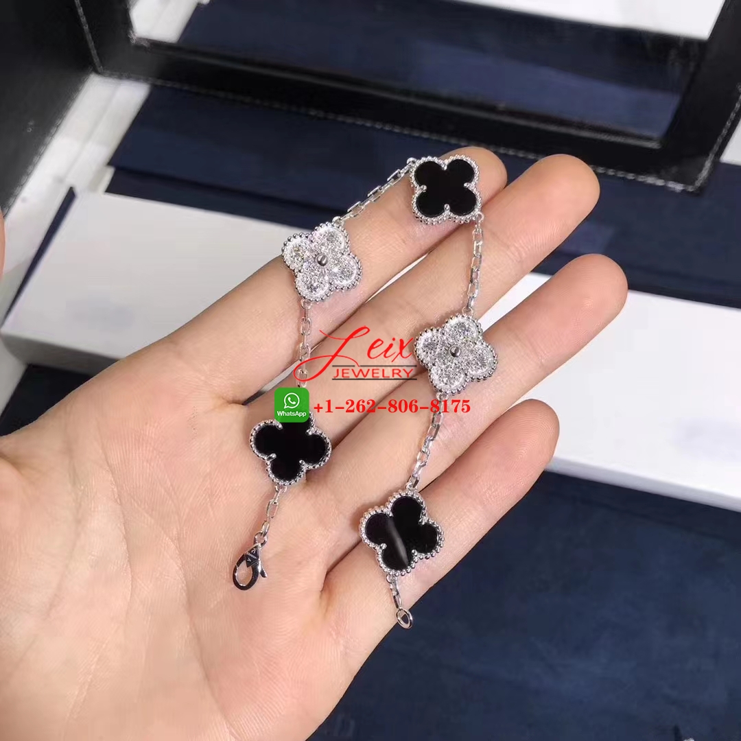 Van Cleef & Arpels Vintage Alhambra 18k White Gold Onyx Diamond 5 Motifs Bracelet Van Cleef & Arpels Vintage Alhambra 18k White Gold Onyx Diamond 5 Motifs Bracelet