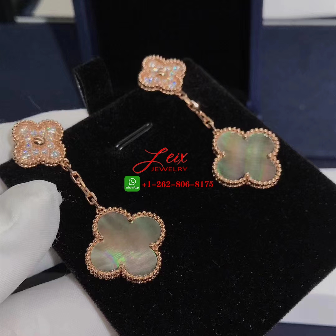 Van Cleef Magic Alhambra 18k Rose Gold 2 Motif Mother of Peral & Diamond Earrings (1) Van Cleef Magic Alhambra 18k Rose Gold 2 Motif Mother of Peral & Diamond Earrings