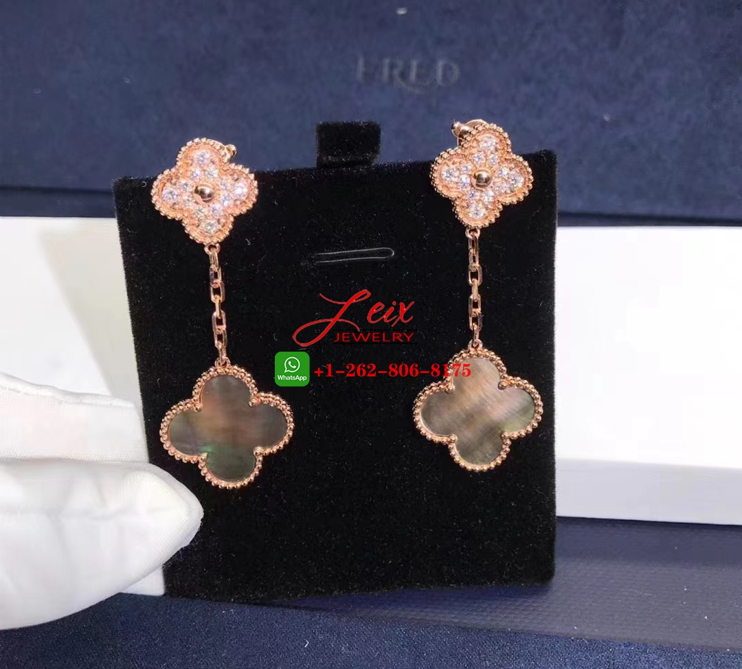 Van Cleef Magic Alhambra 18k Rose Gold 2 Motif Mother of Peral & Diamond Earrings (2) Van Cleef Magic Alhambra 18k Rose Gold 2 Motif Mother of Peral & Diamond Earrings