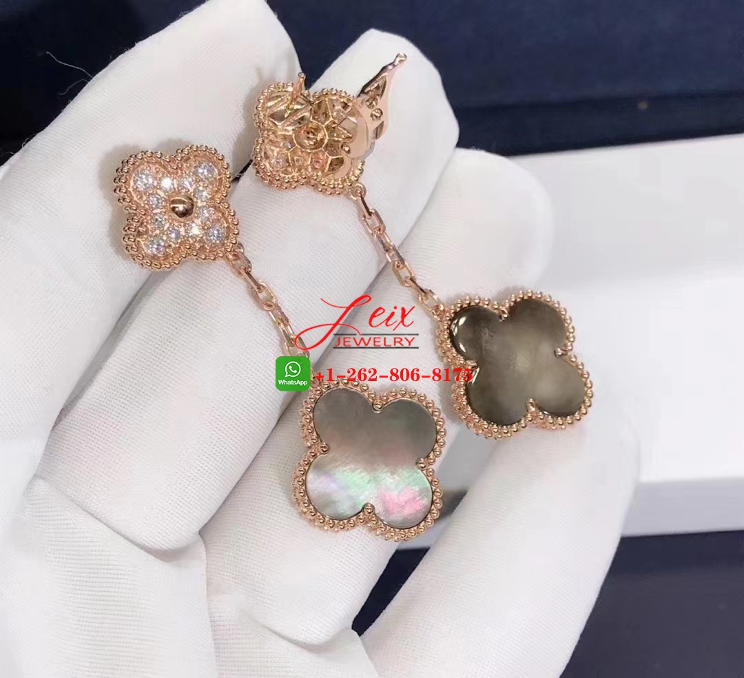 Van Cleef Magic Alhambra 18k Rose Gold 2 Motif Mother of Peral & Diamond Earrings (3) Van Cleef Magic Alhambra 18k Rose Gold 2 Motif Mother of Peral & Diamond EarringsVan Cleef Magic Alhambra 18k Rose Gold 2 Motif Mother of Peral & Diamond Earrings