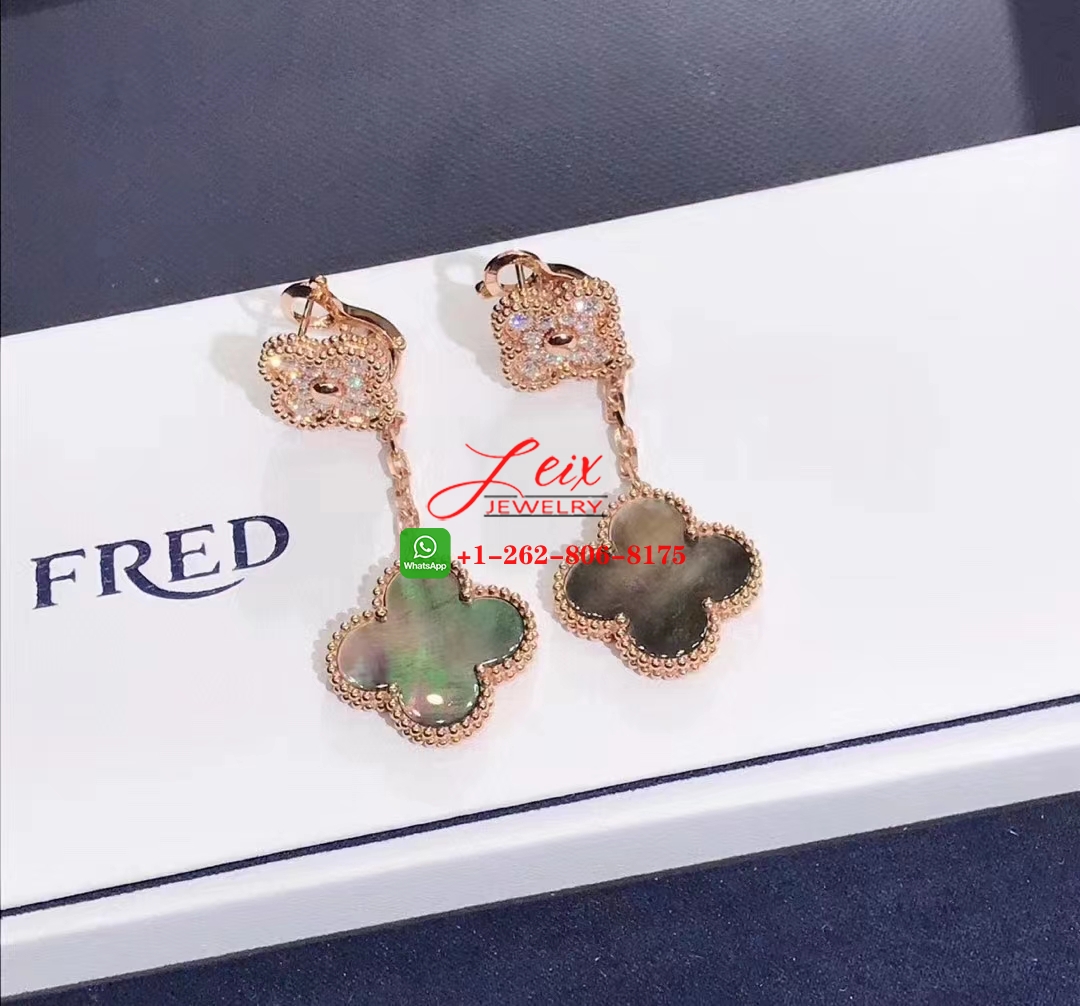 Van Cleef Magic Alhambra 18k Rose Gold 2 Motif Mother of Peral & Diamond Earrings (4) Van Cleef Magic Alhambra 18k Rose Gold 2 Motif Mother of Peral & Diamond Earrings