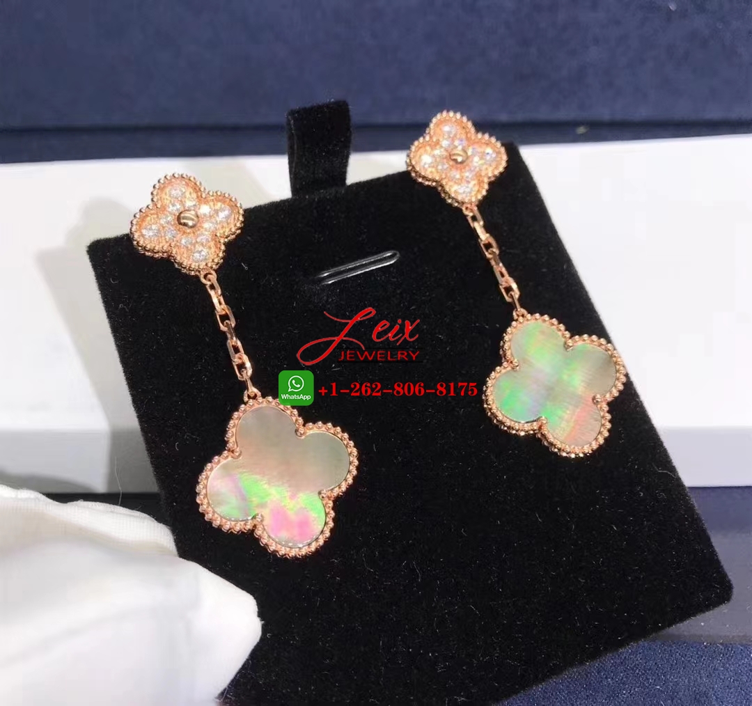 Van Cleef Magic Alhambra 18k Rose Gold 2 Motif Mother of Peral & Diamond Earrings (5) Van Cleef Magic Alhambra 18k Rose Gold 2 Motif Mother of Peral & Diamond Earrings