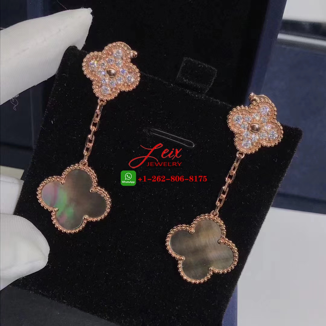 Van Cleef Magic Alhambra 18k Rose Gold 2 Motif Mother of Peral & Diamond Earrings Van Cleef Magic Alhambra 18k Rose Gold 2 Motif Mother of Peral & Diamond Earrings