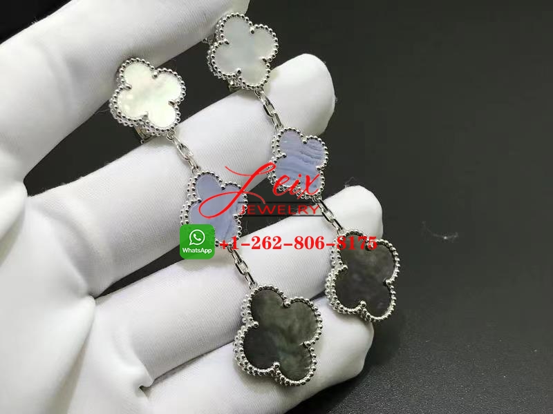 Van Cleef Magic Alhambra 18k White Gold Chalcedony & Mother-of-pearl 3 Motifs Earrings (1) Van Cleef Magic Alhambra 18k White Gold Chalcedony & Mother-of-pearl 3 Motifs Earrings