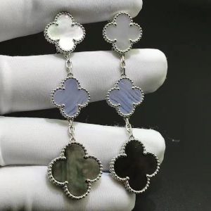 Van Cleef Magic Alhambra 18k White Gold Chalcedony & Mother-of-pearl 3 Motifs Earrings