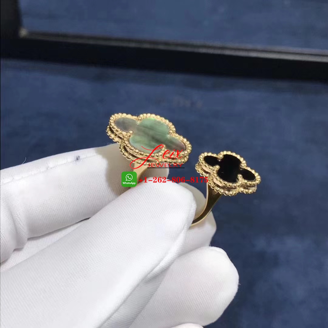 Van Cleef Magic Alhambra 18k Yellow Gold Mother of Peral & Onyx Between the Finger Ring (4) Van Cleef Magic Alhambra 18k Yellow Gold Mother of Peral & Onyx Between the Finger Ring (3)
