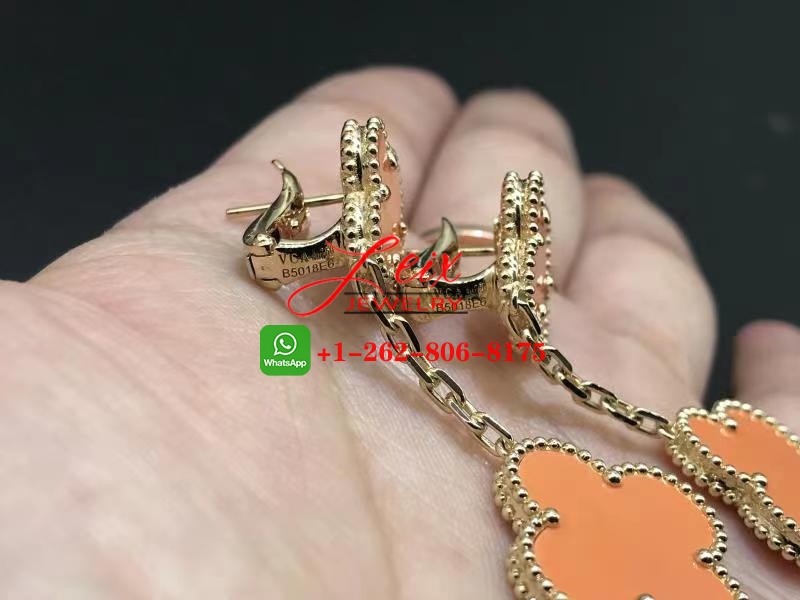Van Cleef Magic Alhambra 2 Motifs 18K Yellow Gold Orange Coral Earrings (2) Van Cleef Magic Alhambra 2 Motifs 18K Yellow Gold Orange Coral Earrings