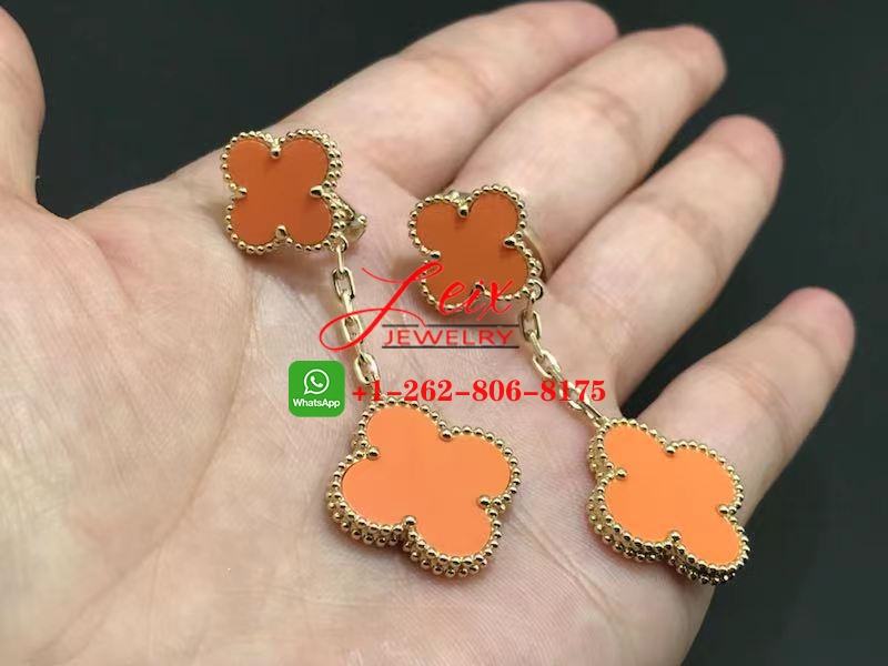 Van Cleef Magic Alhambra 2 Motifs 18K Yellow Gold Orange Coral Earrings Van Cleef Magic Alhambra 2 Motifs 18K Yellow Gold Orange Coral Earrings