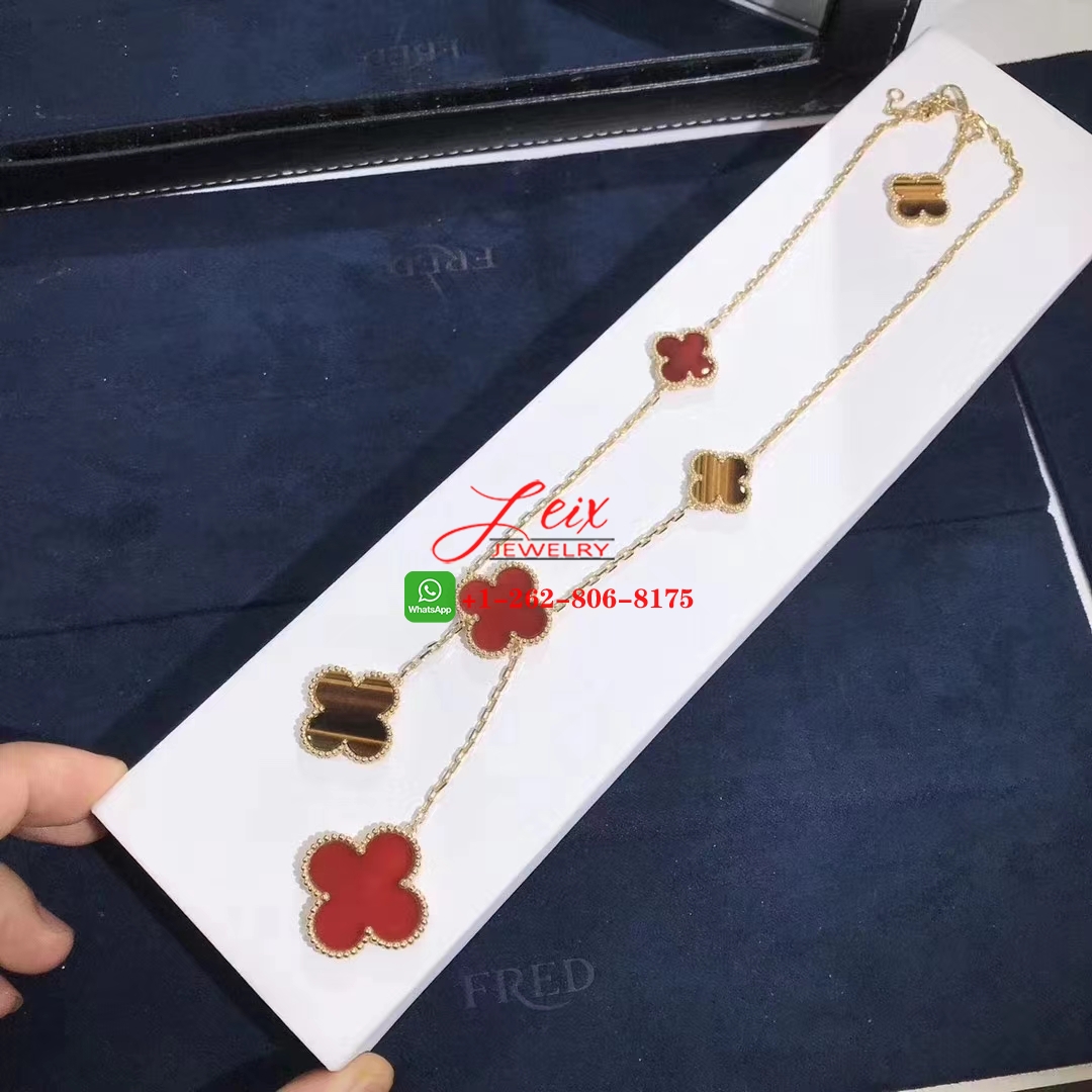Van Cleef Magic Alhambra 6 Motif 18k Yellow Gold Carnelian & Tiger Eye Necklace (2) Van Cleef Magic Alhambra 6 Motif 18k Yellow Gold Carnelian & Tiger Eye Necklace (2)
