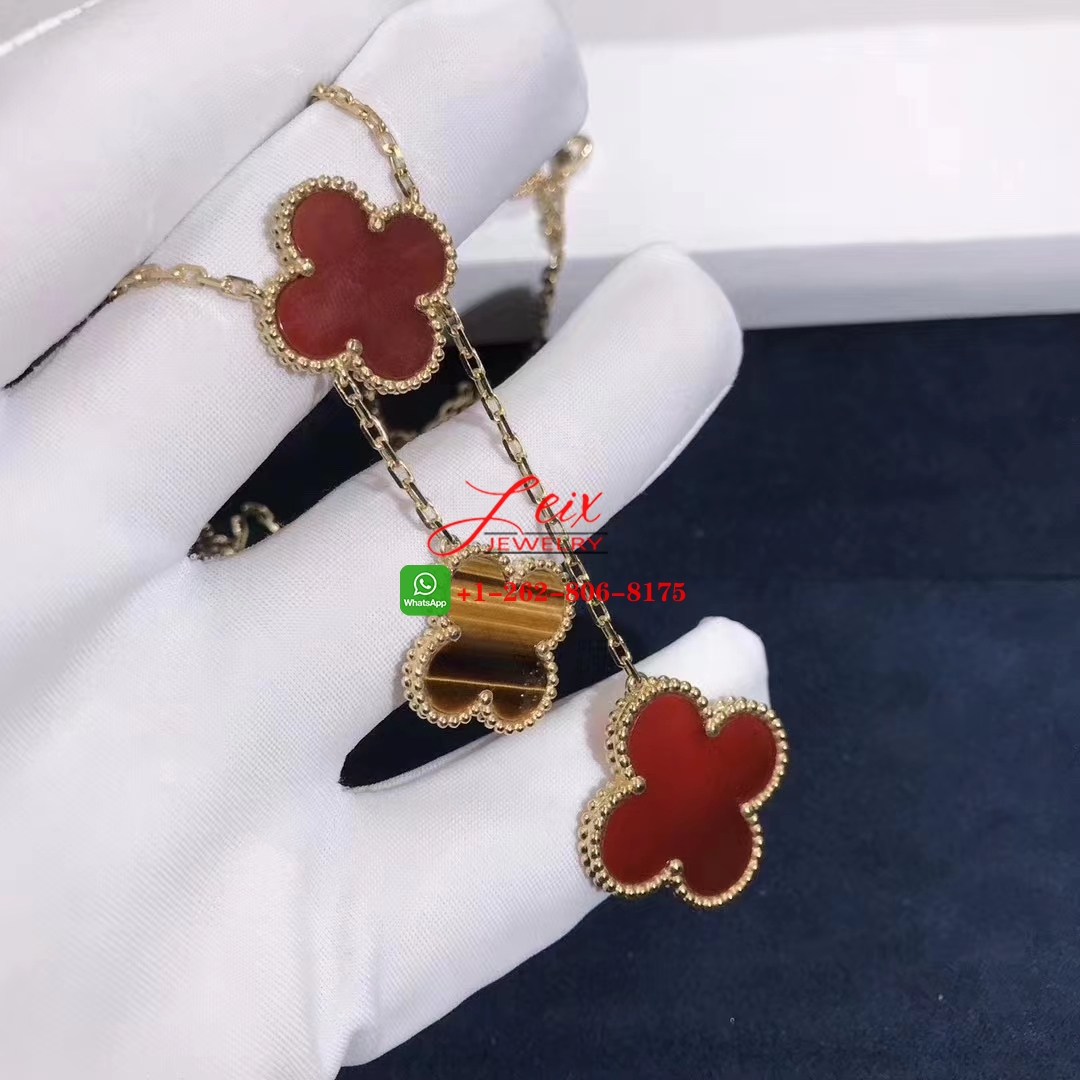 Van Cleef Magic Alhambra 6 Motif 18k Yellow Gold Carnelian & Tiger Eye Necklace (4) Van Cleef Magic Alhambra 6 Motif 18k Yellow Gold Carnelian & Tiger Eye Necklace (2)