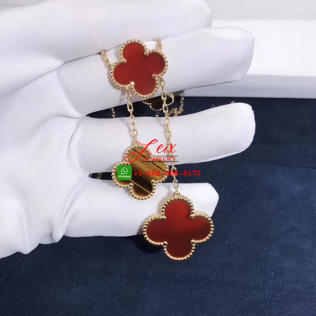 Van Cleef Magic Alhambra 6 Motif 18k Yellow Gold Carnelian & Tiger Eye Necklace (6) Van Cleef Magic Alhambra 6 Motif 18k Yellow Gold Carnelian & Tiger Eye Necklace (2)