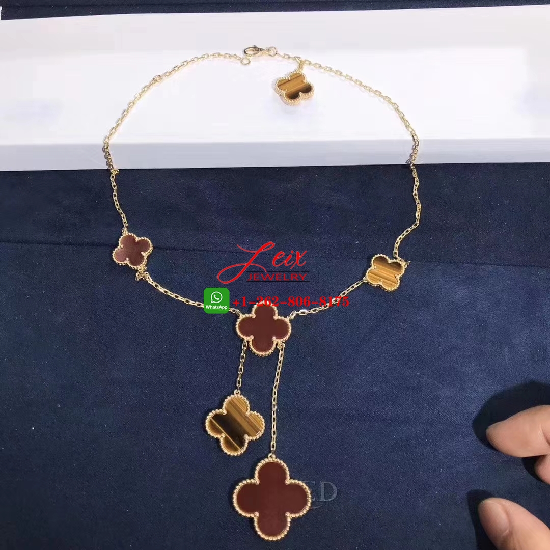 Van Cleef Magic Alhambra 6 Motif 18k Yellow Gold Carnelian & Tiger Eye Necklace Van Cleef Magic Alhambra 6 Motif 18k Yellow Gold Carnelian & Tiger Eye Necklace