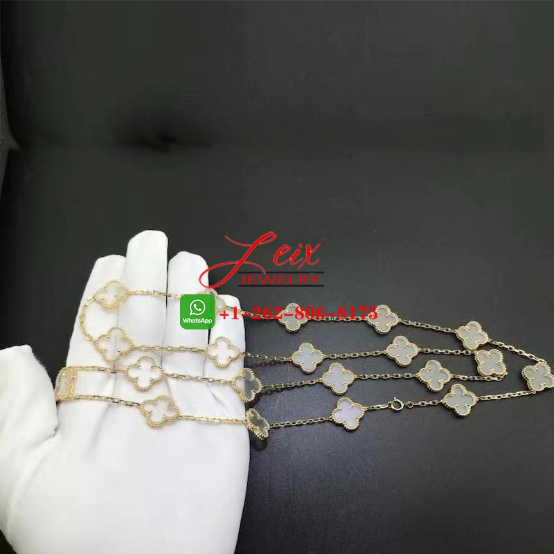 Van Cleef Vintage Alhambra 18K Yellow Gold Rock Crystal 20 Motif Long Necklace (1) Van Cleef Vintage Alhambra 18K Yellow Gold Rock Crystal 20 Motif Long Necklace