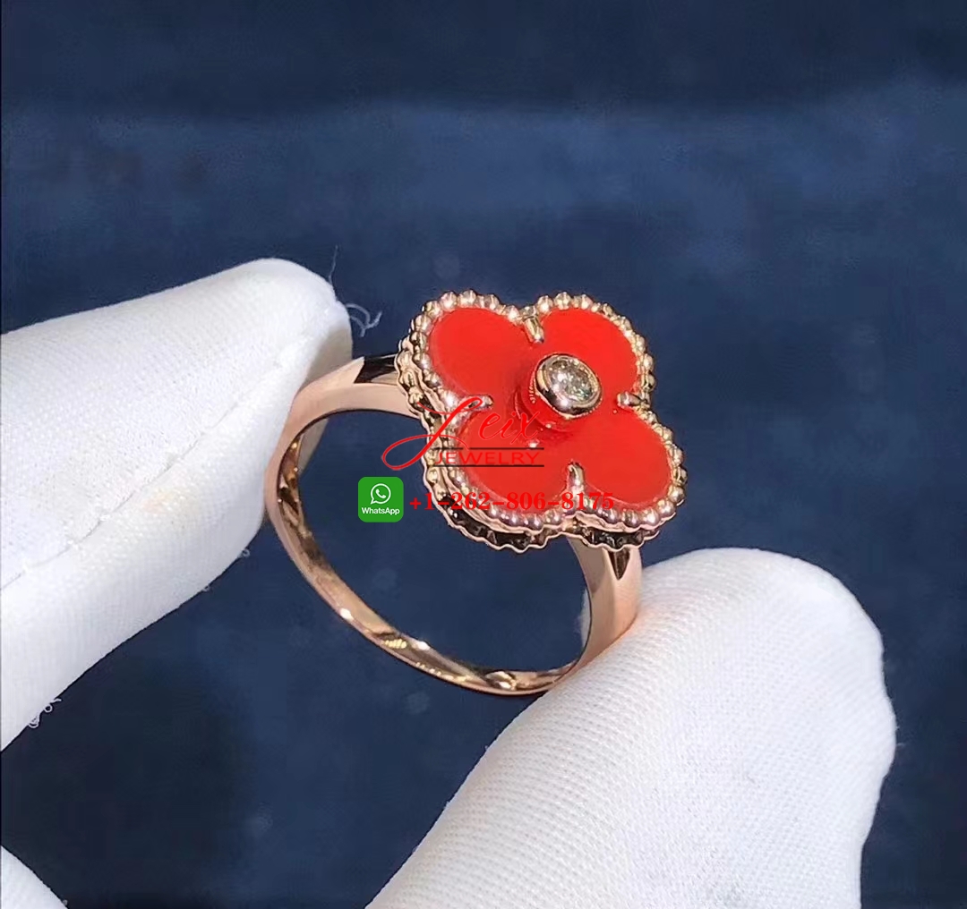 Van Cleef Vintage Alhambra 18k Yellow Gold Carnelian & Diamond Ring (1) Van Cleef Vintage Alhambra 18k Rose Gold Carnelian & Diamond Ring