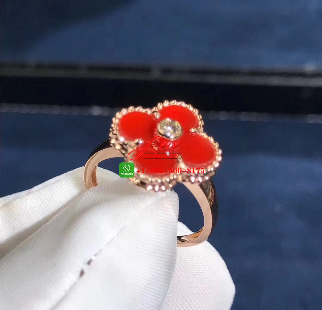 Van Cleef Vintage Alhambra 18k Yellow Gold Carnelian & Diamond Ring (3) Van Cleef Vintage Alhambra 18k Rose Gold Carnelian & Diamond Ring