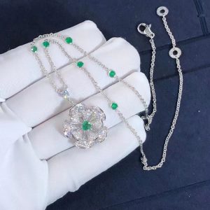 Bvlgari Divas' Dream 18k White Gold Pave Diamond & Emeralds Pendant Necklace