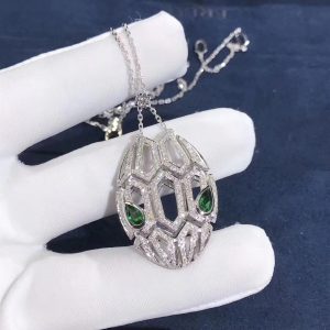 Bvlgari Serpenti Pave Diamond & Emerald Eyes 18K White Gold Pendant Necklace