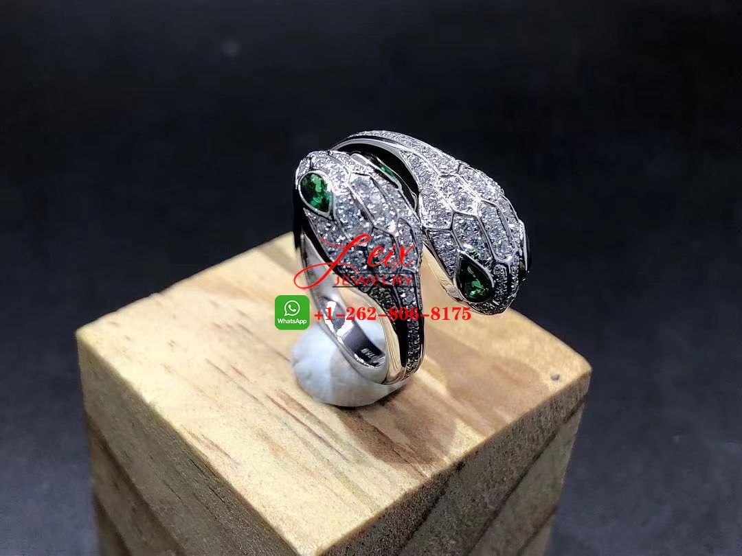 Bvlgari Serpenti Seduttori 18K White Gold, Diamond & Emerald 2-Head Snake Ring (1) Bvlgari Serpenti Seduttori 18K White Gold, Diamond & Emerald 2-Head Snake Ring
