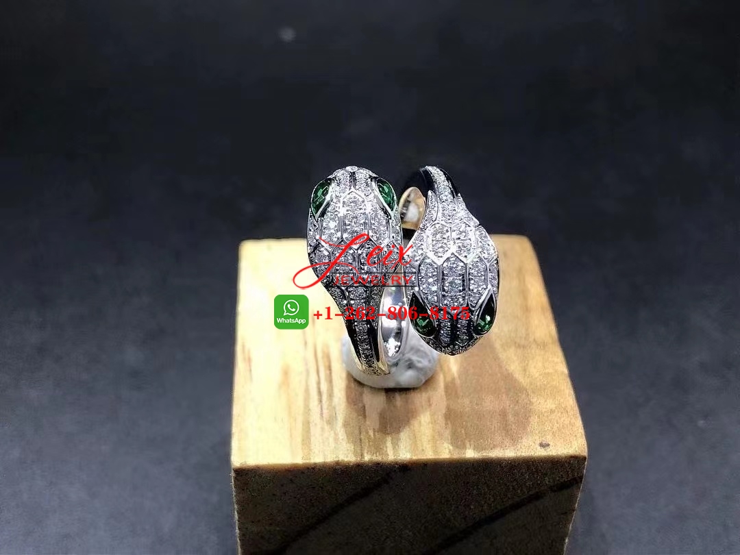 Bvlgari Serpenti Seduttori 18K White Gold, Diamond & Emerald 2-Head Snake Ring (2) Bvlgari Serpenti Seduttori 18K White Gold, Diamond & Emerald 2-Head Snake Ring