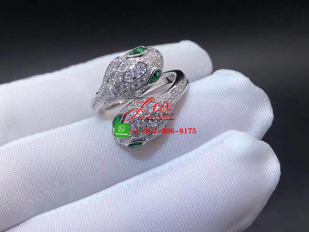 Bvlgari Serpenti Seduttori 18K White Gold, Diamond & Emerald 2-Head Snake Ring Bvlgari Serpenti Seduttori 18K White Gold, Diamond & Emerald 2-Head Snake Ring