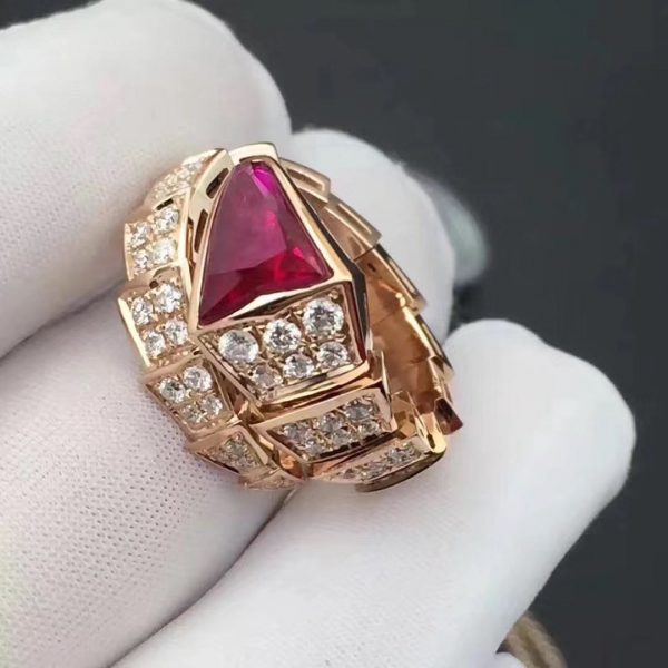 Bvlgari Serpenti Viper 18k Rose Gold Full Pavé Diamonds & Rubellite One-coil ring