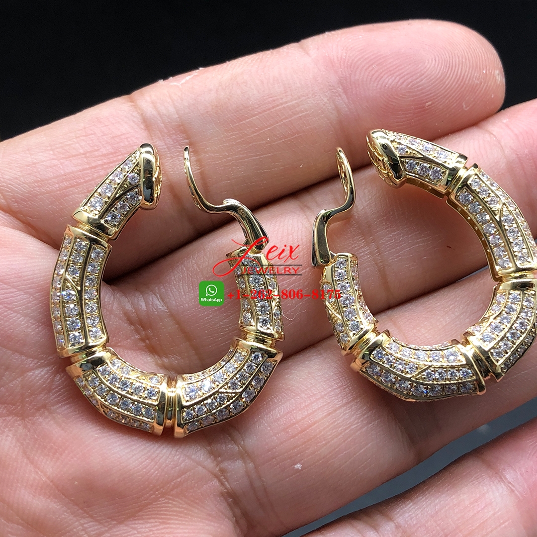 Custom Cartier 18k Yellow Gold Pave Diamond Bamboo Hoop Earrings Clips (4) Custom Cartier 18k Yellow Gold Pave Diamond Bamboo Hoop Earrings Clips