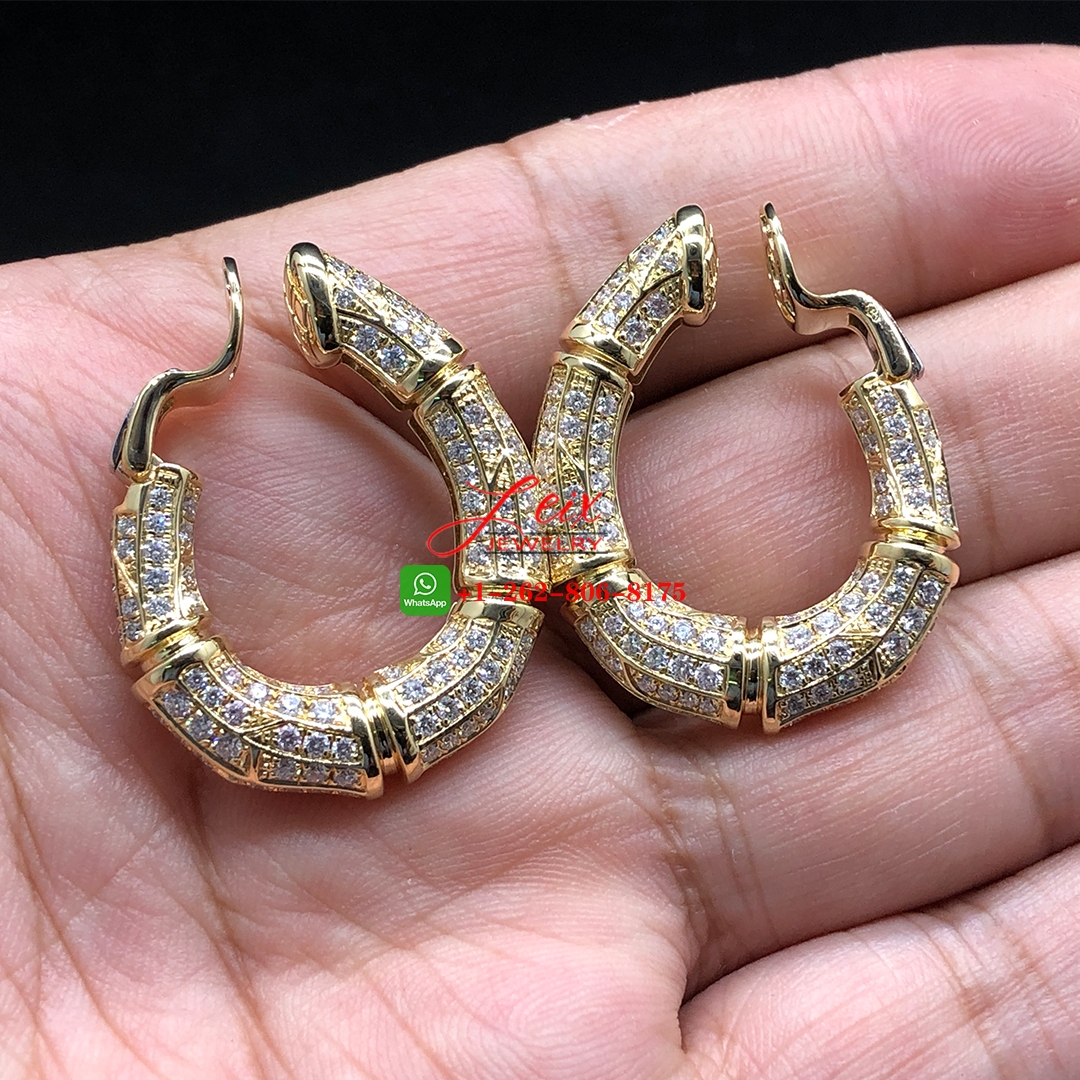 Custom Cartier 18k Yellow Gold Pave Diamond Bamboo Hoop Earrings Clips Custom Cartier 18k Yellow Gold Pave Diamond Bamboo Hoop Earrings Clips