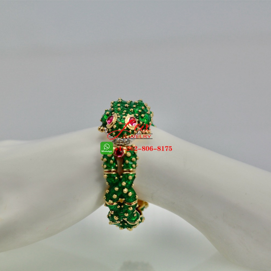 David Webb Frog Green Enamel & Ruby 18k Gold & Platinum Diamond Bangle Bracelet (1) David Webb Frog Green Enamel & Ruby 18k Gold & Platinum Diamond Bangle Bracelet