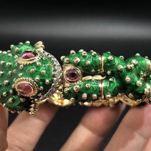 David Webb Frog Green Enamel & Ruby 18k Gold & Platinum Diamond Bangle Bracelet