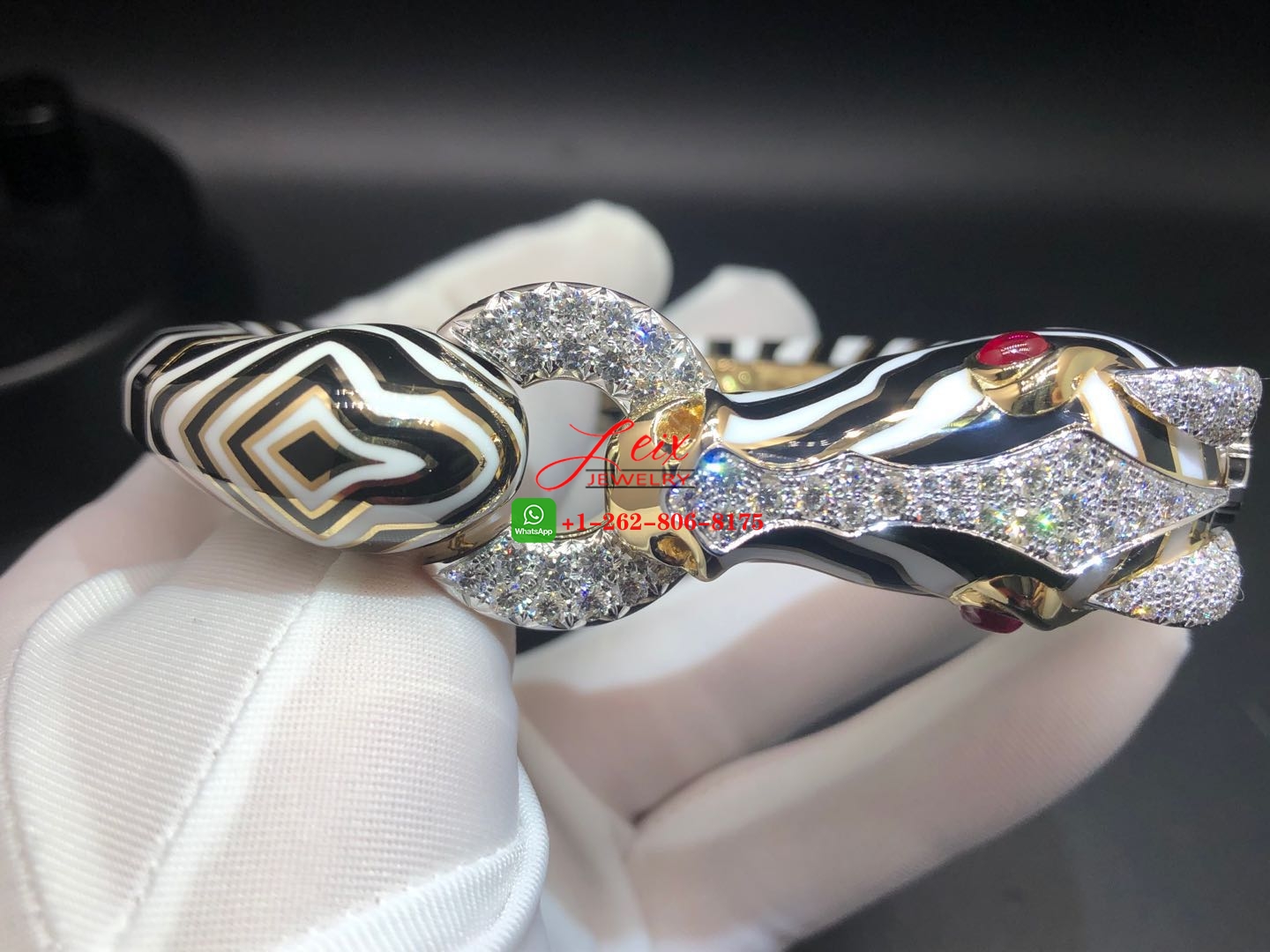 David Webb Zebra Black & White Enamel Diamond & Ruby Animal Bangle Bracelet (1) David Webb Zebra Black & White Enamel Diamond & Ruby Animal Bangle Bracelet