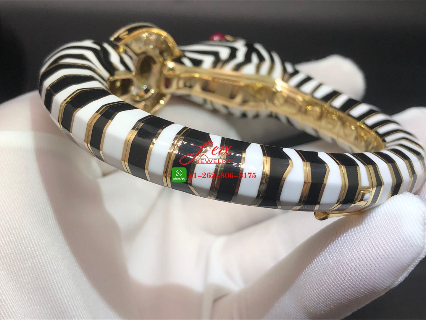 David Webb Zebra Black & White Enamel Diamond & Ruby Animal Bangle Bracelet (3) David Webb Zebra Black & White Enamel Diamond & Ruby Animal Bangle Bracelet