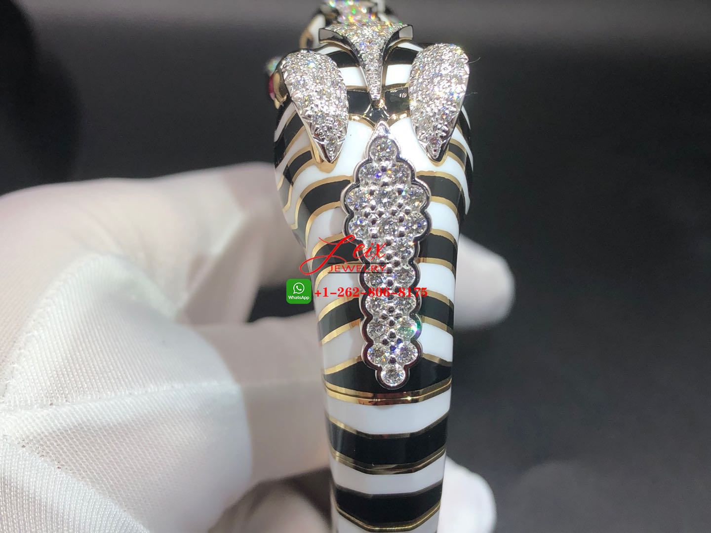 David Webb Zebra Black & White Enamel Diamond & Ruby Animal Bangle Bracelet (6) David Webb Zebra Black & White Enamel Diamond & Ruby Animal Bangle Bracelet