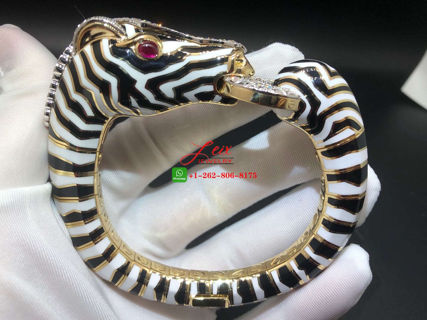 David Webb Zebra Black & White Enamel Diamond & Ruby Animal Bangle Bracelet David Webb Zebra Black & White Enamel Diamond & Ruby Animal Bangle Bracelet