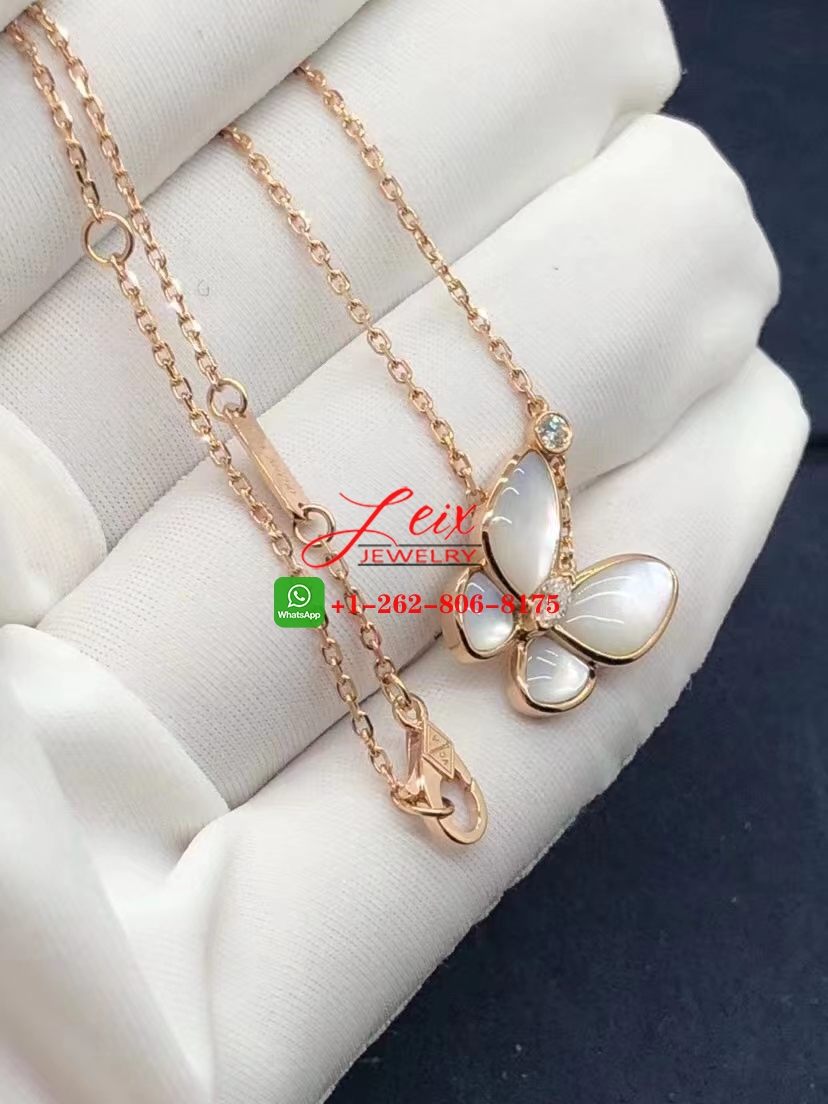 Van Cleef 18k Pink Gold Mother of Pearl and Diamond Two Butterfly Pendant Necklace (1) Van Cleef 18k Pink Gold Mother of Pearl and Diamond Two Butterfly Pendant Necklace
