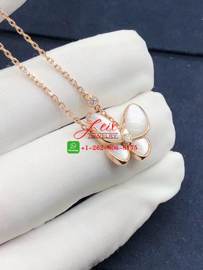 Van Cleef 18k Pink Gold Mother of Pearl and Diamond Two Butterfly Pendant Necklace (2) Van Cleef 18k Pink Gold Mother of Pearl and Diamond Two Butterfly Pendant Necklace