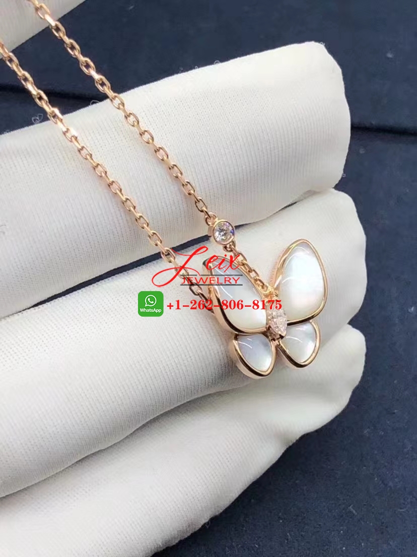 Van Cleef 18k Pink Gold Mother of Pearl and Diamond Two Butterfly Pendant Necklace Van Cleef 18k Pink Gold Mother of Pearl and Diamond Two Butterfly Pendant Necklace
