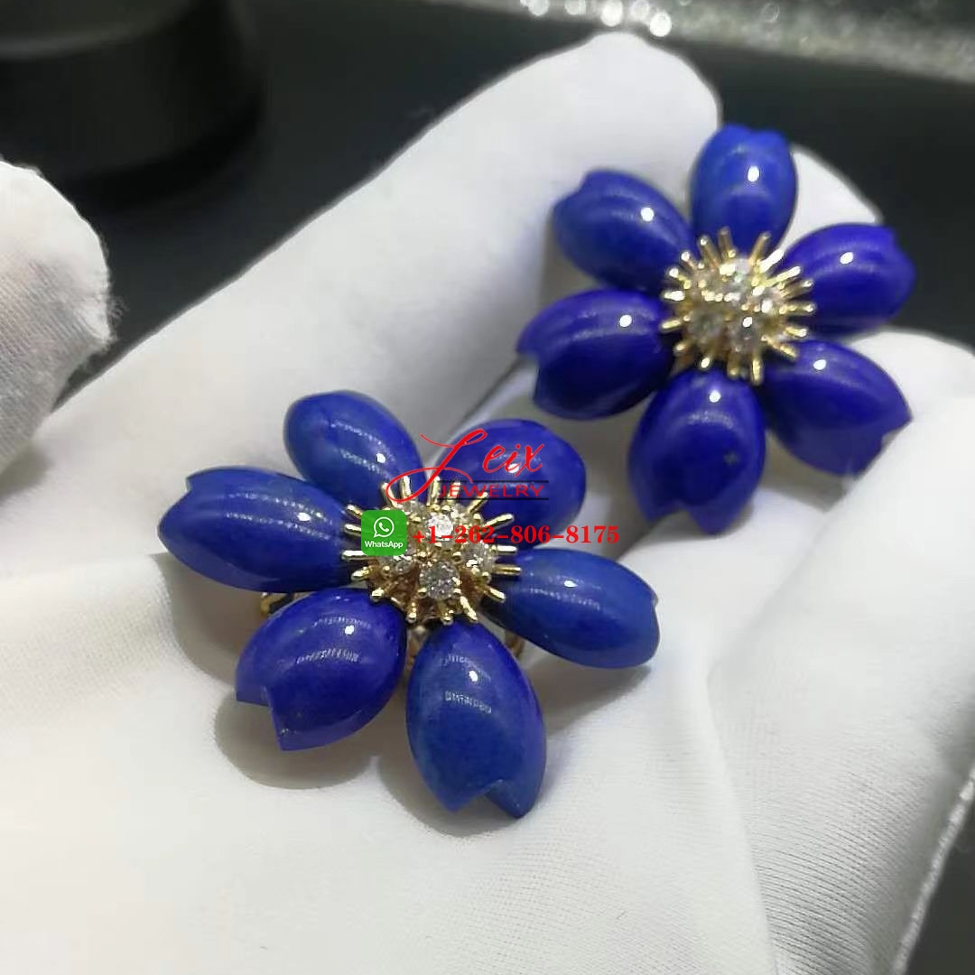 Van Cleef Arpels Rose De Noel Lapis Lazuli Diamond 18k Yellow Gold Earrings Van Cleef Arpels Rose De Noel Flower Lapis Lazuli Diamond 18k Yellow Gold Earrings