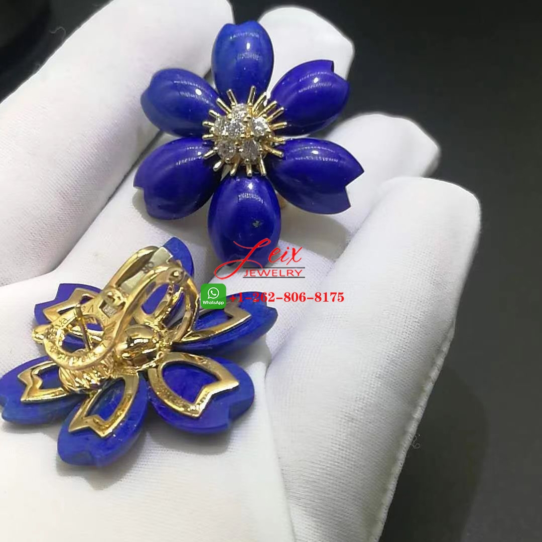 Van Cleef Arpels Rose De Noel Lapis Lazuli Diamond Gold Earrings Van Cleef Arpels Rose De Noel Flower Lapis Lazuli Diamond 18k Yellow Gold Earrings