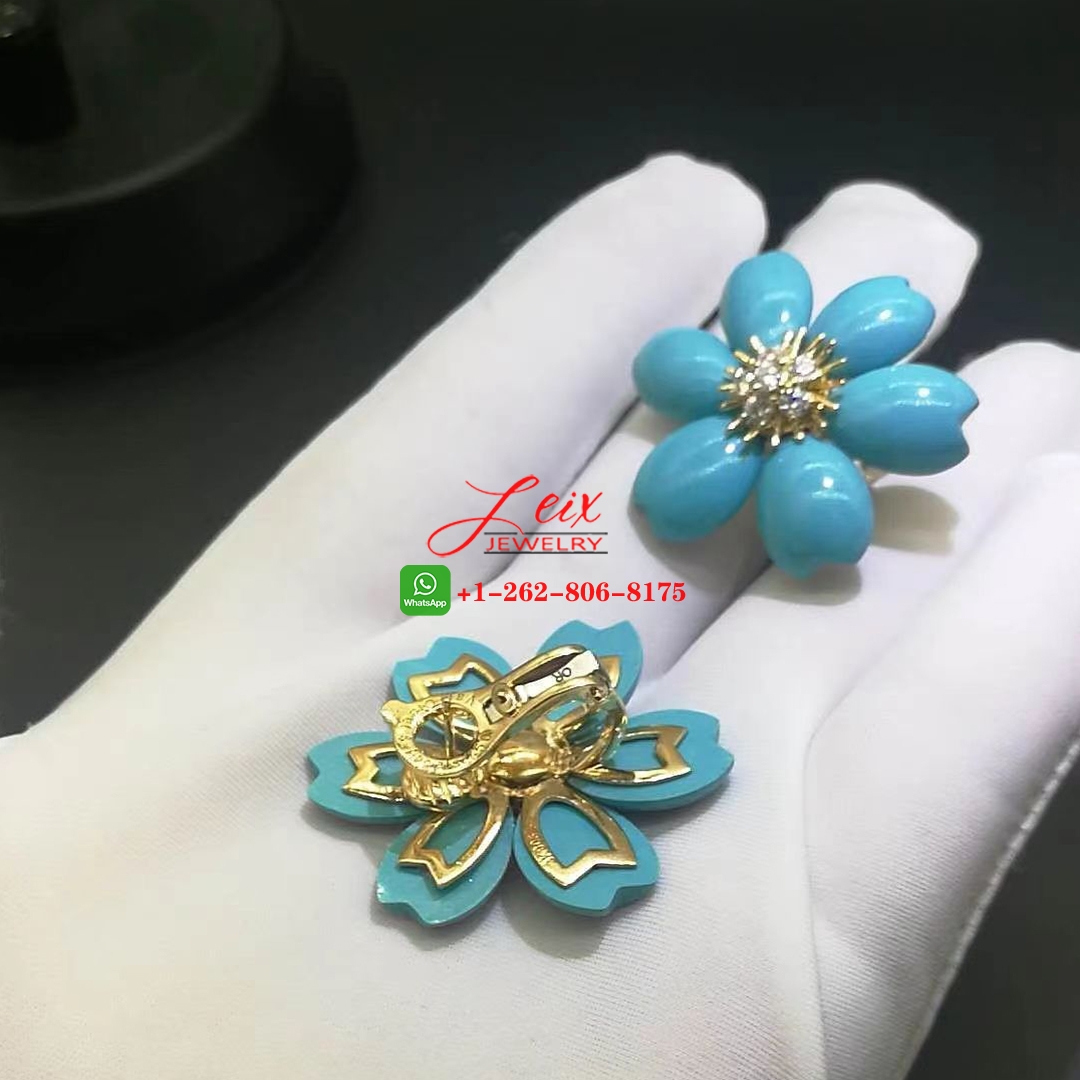 Van Cleef & Arpels Rose de Noel Flower Turquoise Diamond 18k Gold Clip Earrings Van Cleef & Arpels Rose de Noel Flower Turquoise Diamond 18k Gold Earrings